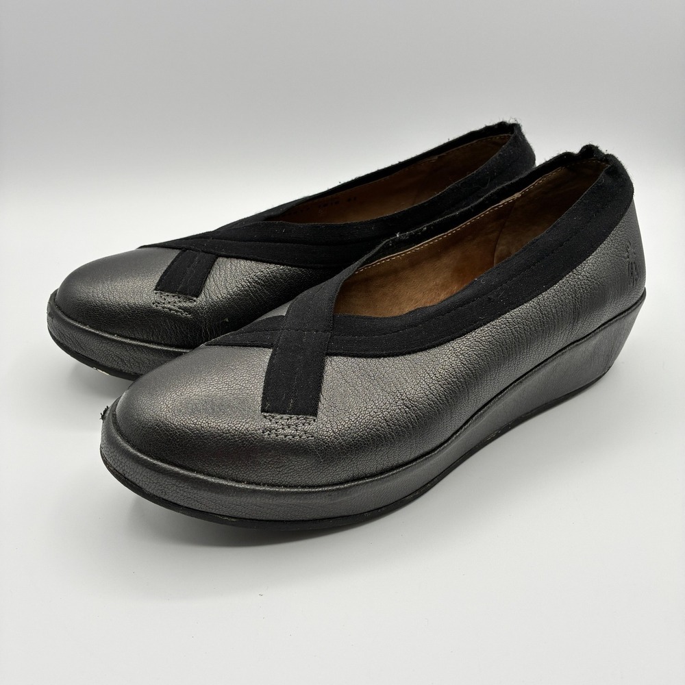 Fly London Bobi Wedge Loafers Womens 41 10 Black Metallic Leather Slip On Shoes
